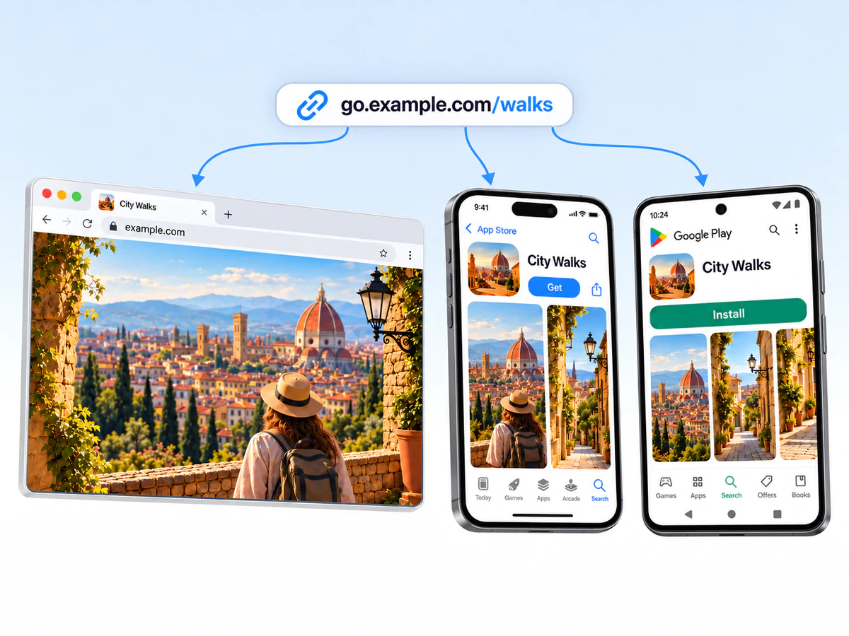 City Walks: un enlace para las tiendas de apps y la web Un enlace de City Walks lleva a su web, a su ficha de App Store en iPhone y a su ficha de Google Play en Android.