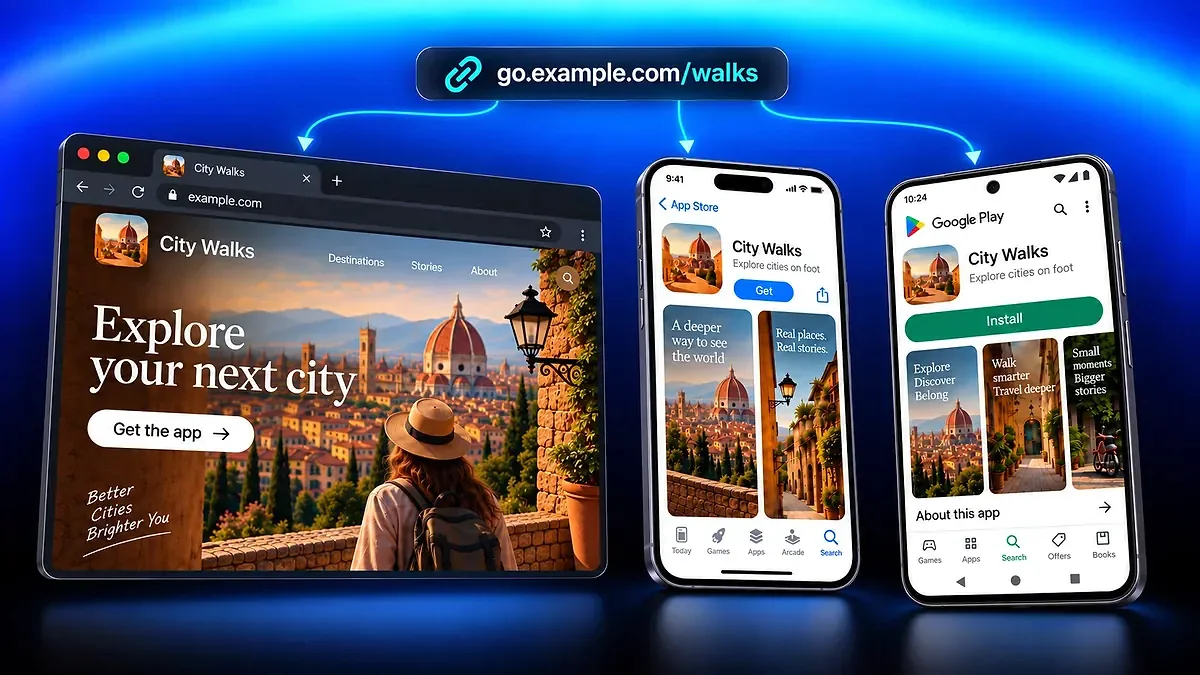 Un lien City Walks mène à son site, à sa fiche App Store sur iPhone et à sa fiche Google Play sur Android.
