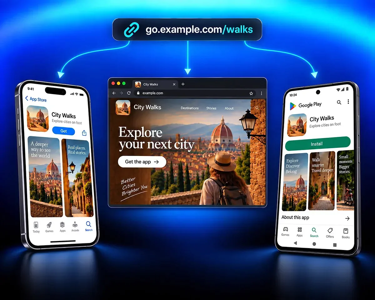 Les destinations City Walks sur trois plateformes go.example.com/walks mène au site City Walks et à ses fiches App Store et Google Play.