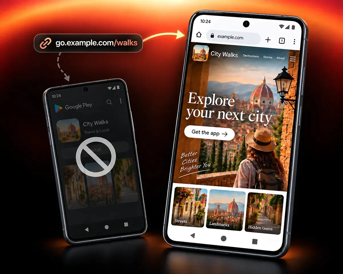 Une destination web lorsque Google Play est indisponible Un visiteur sur Android suit le lien City Walks vers son site, tandis que la destination Google Play est estompée.