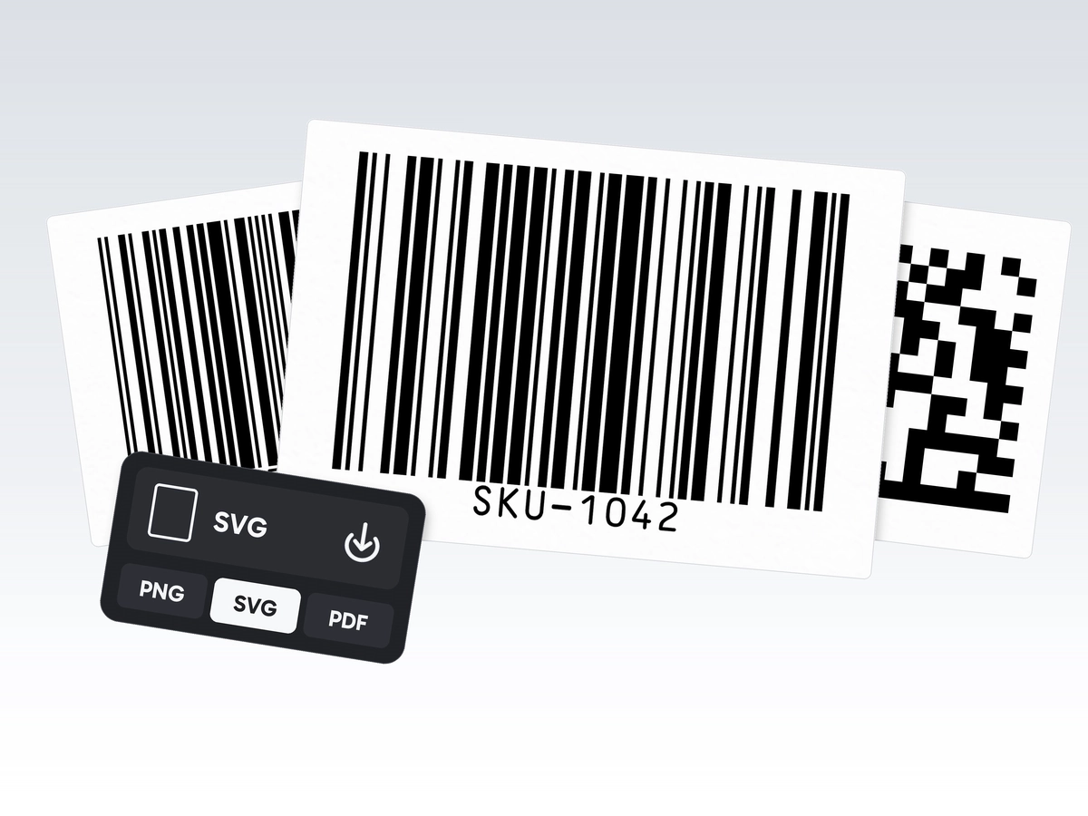 Etiquetas Code 128, Data Matrix y EAN-13 sobre un panel con la exportación SVG seleccionada.