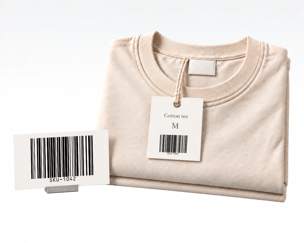 Barcode artwork in a complete label Barcode artwork beside a finished product label with a name and size outside the encoded symbol.