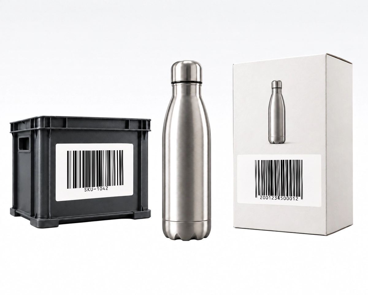 Stock and retail identifiers One product with an internal SKU stock label and a separate retail barcode on its packaging.