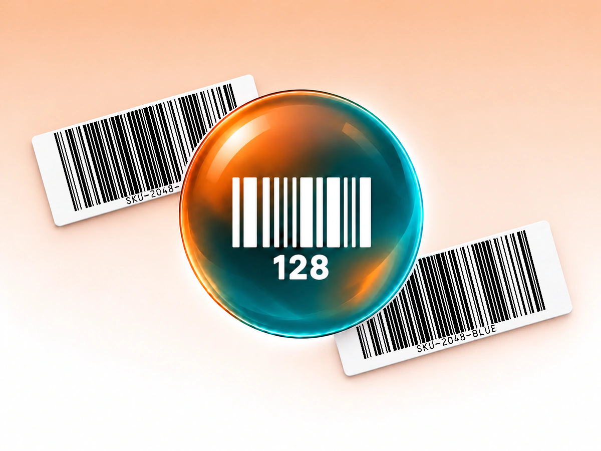 Code 128 orb and printed barcode labels Copper and teal Code 128 glass orb centered in front of two white paper labels printed with native Code 128 symbols.