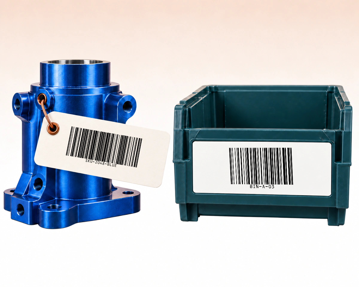 庫存商品使用 SKU-2048-BLUE 標籤，貨架使用獨立的 BIN-A-03 標籤。