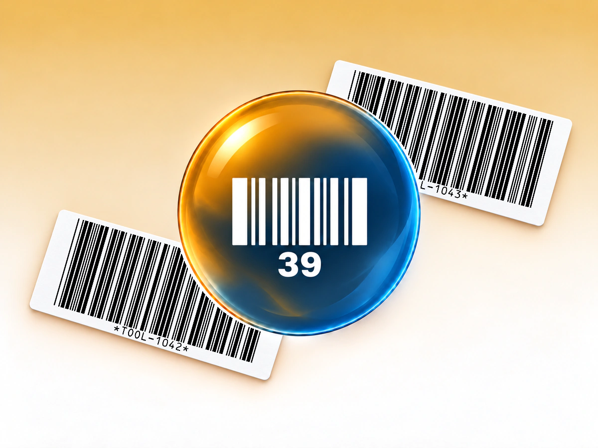 Code 39 orb and printed barcode labels Amber and slate Code 39 glass orb centered in front of two white paper labels printed with native Code 39 symbols.