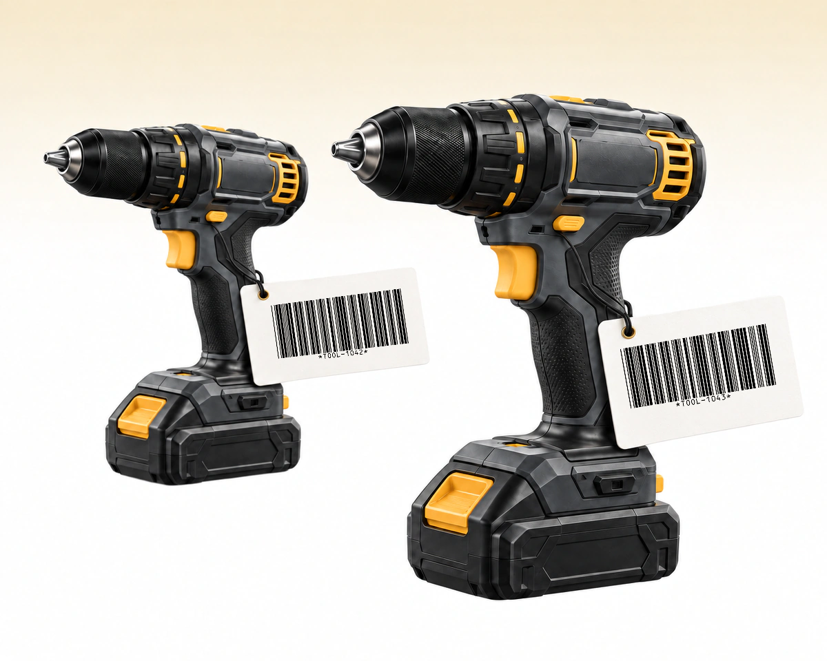 兩件同型號工具分別貼有 TOOL-1042 和 TOOL-1043 的 Code 39 標籤。