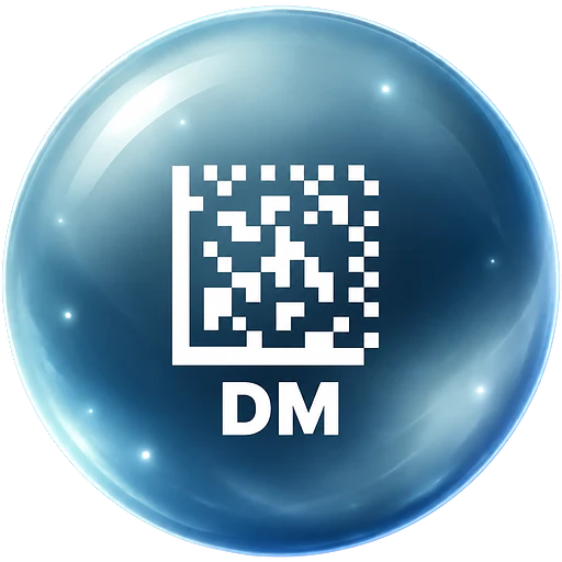 Ledeno plava i čeličnosiva staklena kugla sa belim Data Matrix uzorkom i oznakom DM.
