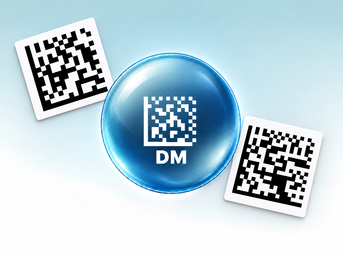 Data Matrix orb and printed barcode labels Ice blue and steel Data Matrix glass orb centered in front of two white paper labels printed with native Data Matrix symbols.