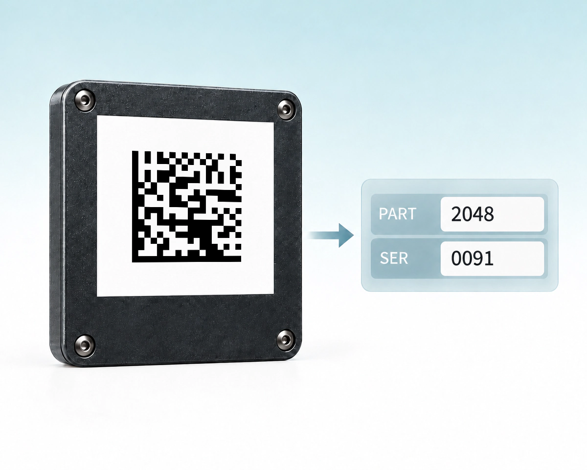 Data Matrix 儲存 PART=2048;SER=0091，外部應用程式將其解析為兩個欄位。
