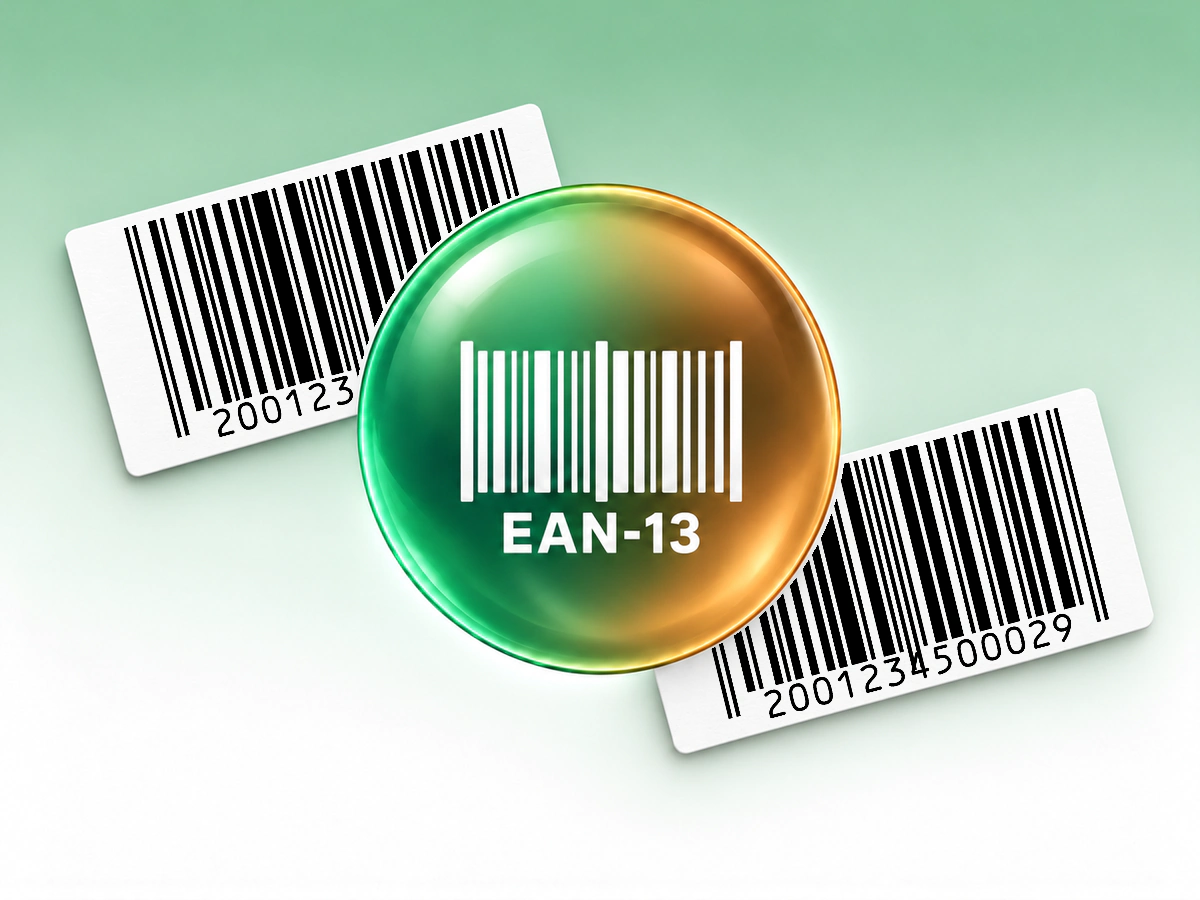 EAN-13 orb and printed barcode labels Celadon and bronze EAN-13 glass orb centered in front of two white paper labels printed with native EAN-13 symbols.