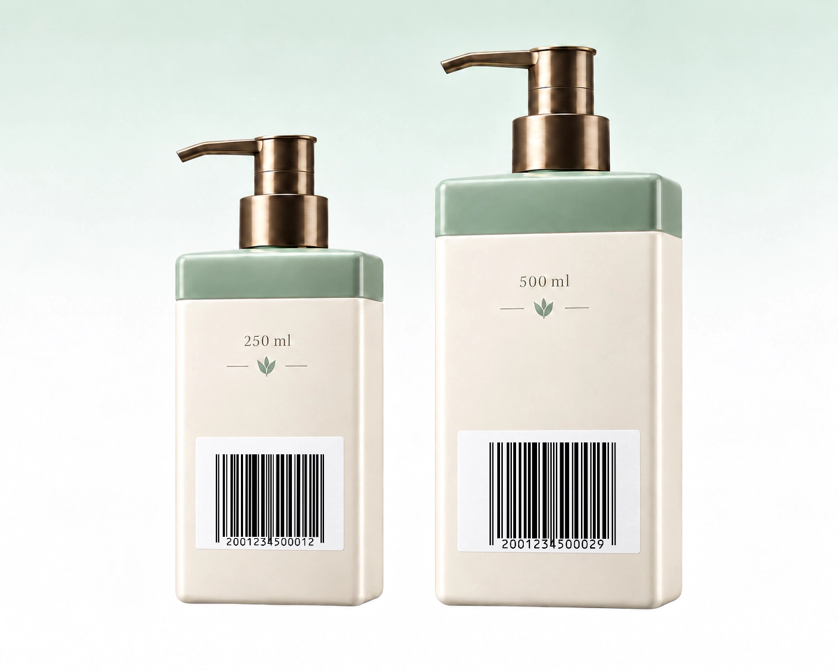 250 ml 和 500 ml 瓶裝商品上使用不同商品識別碼的 EAN-13 條碼。