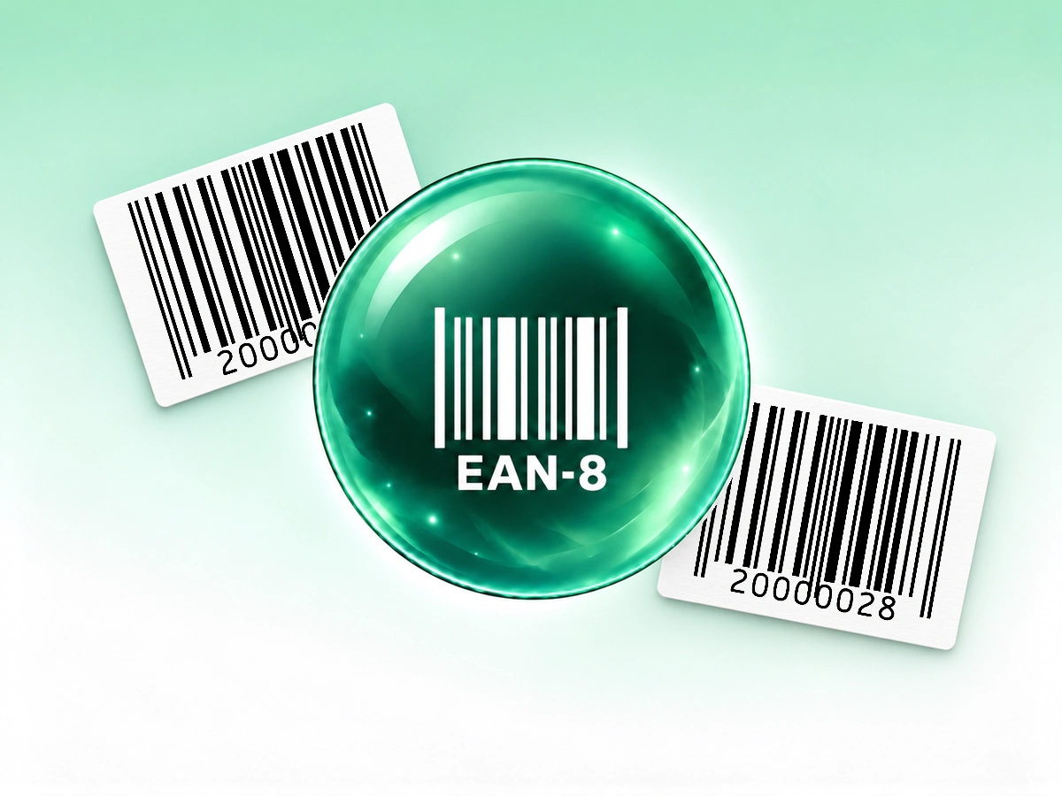 EAN-8 orb and printed barcode labels Mint and forest green EAN-8 glass orb centered in front of two white paper labels printed with native EAN-8 symbols.