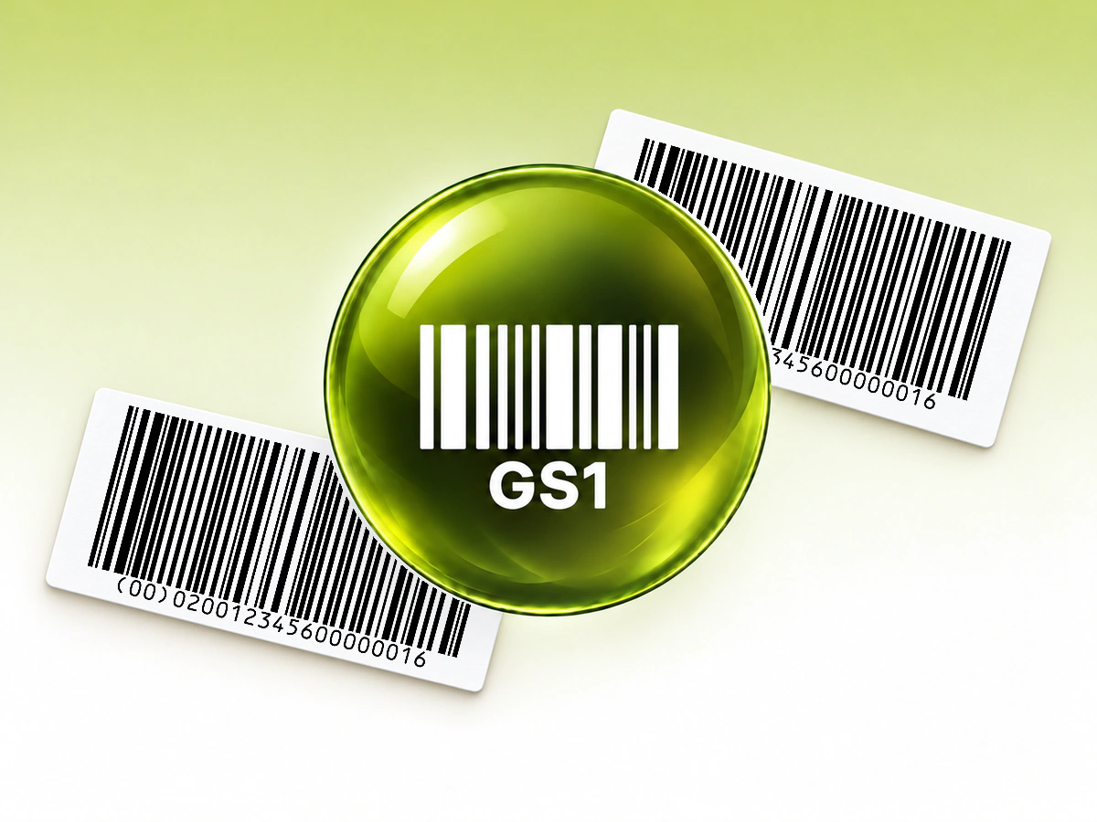 GS1-128 orb and printed barcode labels Citrine and olive GS1-128 glass orb centered in front of two white paper labels printed with native GS1-128 symbols.