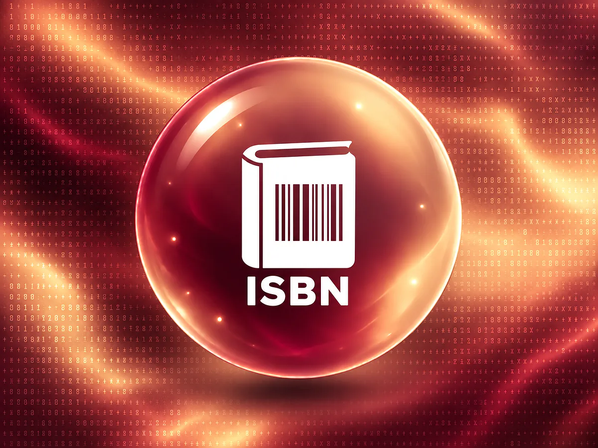 Ilustracija generatora ISBN Staklena kugla u boji slonovače i bordo tonovima sa belom knjigom, barkodom i oznakom ISBN na teksturisanoj pozadini.