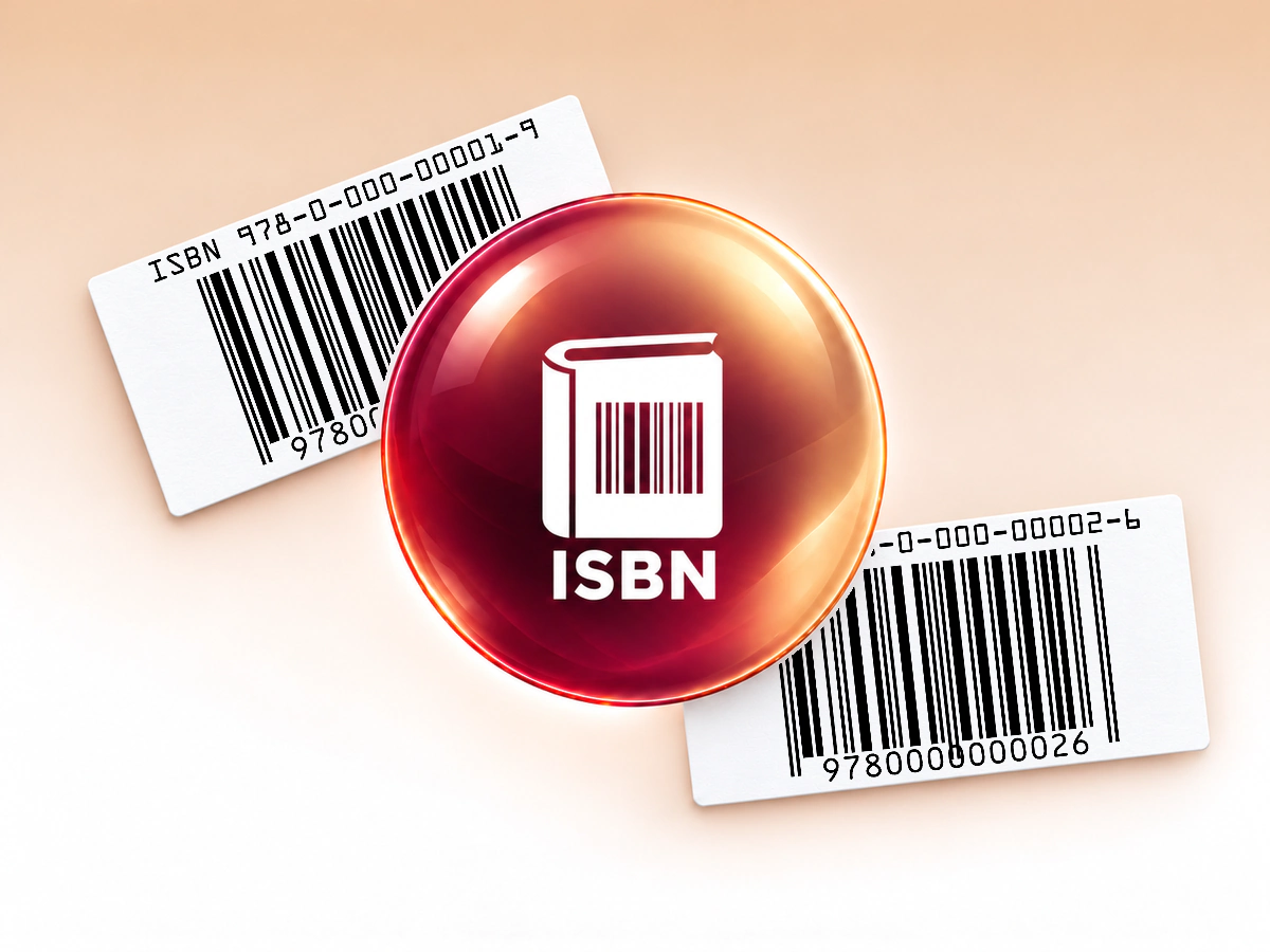 ISBN orb and printed barcode labels Ivory and burgundy ISBN glass orb centered in front of two white paper labels printed with native ISBN symbols.