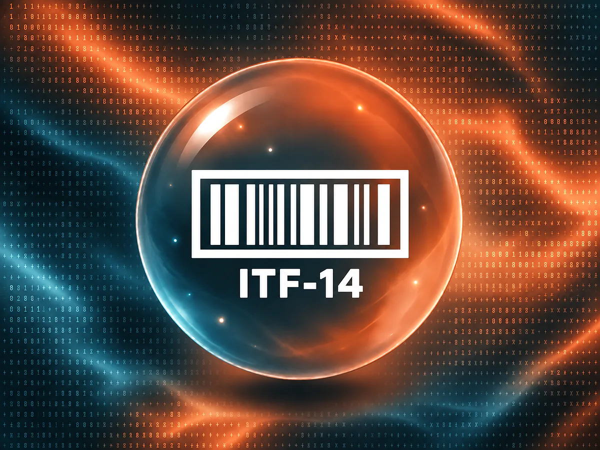 Ilustracija generatora ITF-14 Staklena kugla u terakota i antracit tonovima sa uokvirenim belim barkodom i oznakom ITF-14 na teksturisanoj pozadini.