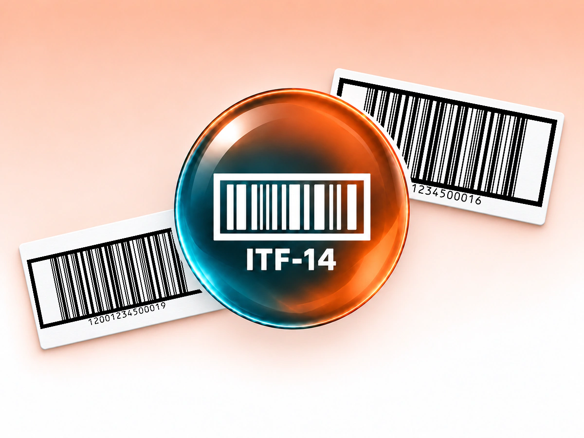 ITF-14 orb and printed barcode labels Terracotta and charcoal ITF-14 glass orb centered in front of two white paper labels printed with native ITF-14 symbols.