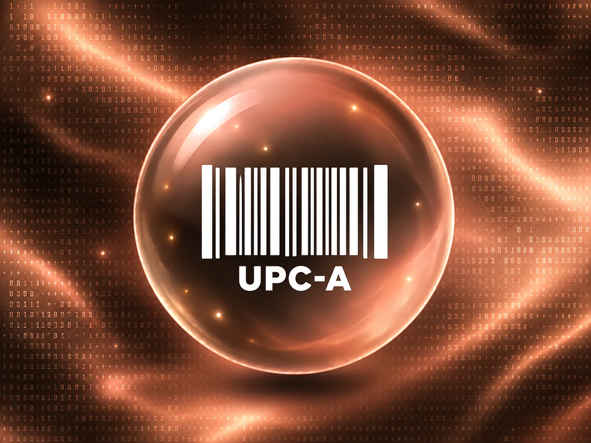 Ilustracija generatora UPC-A Staklena kugla u roze-zlatnim i kafenim tonovima sa belim barkodom i oznakom UPC-A na teksturisanoj pozadini.