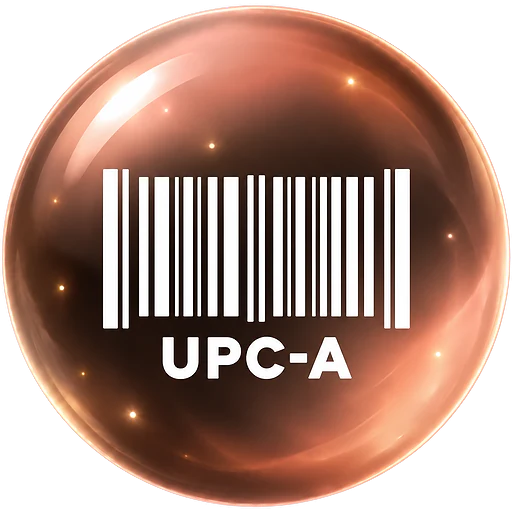 Staklena kugla u roze-zlatnim i kafenim tonovima sa belim barkodom i oznakom UPC-A.