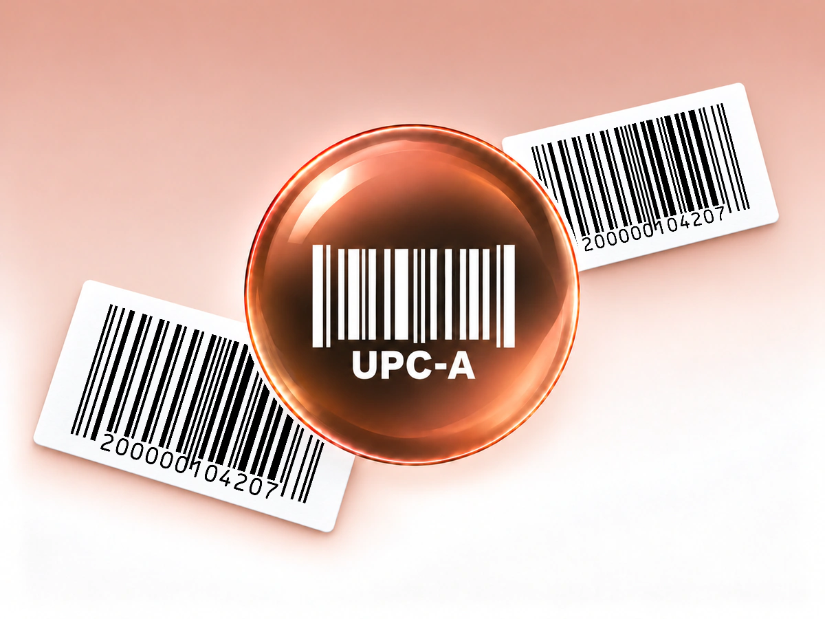 UPC-A orb and printed barcode labels Rose gold and coffee brown UPC-A glass orb centered in front of two white paper labels printed with native UPC-A symbols.