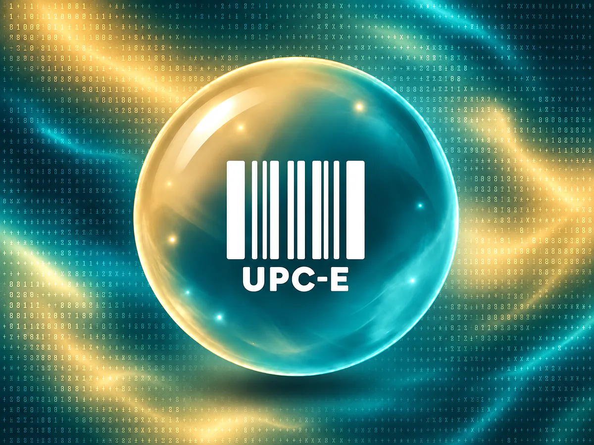 Ilustracija generatora UPC-E Staklena kugla u boji šampanjca i tirkiza sa kompaktnim belim barkodom i oznakom UPC-E na teksturisanoj pozadini.