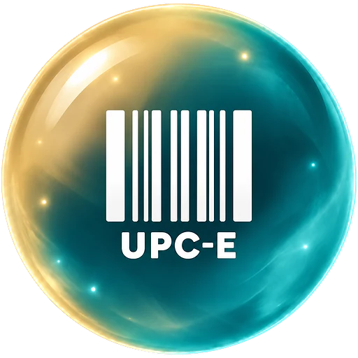 Staklena kugla u boji šampanjca i tirkiza sa kompaktnim belim barkodom i oznakom UPC-E.