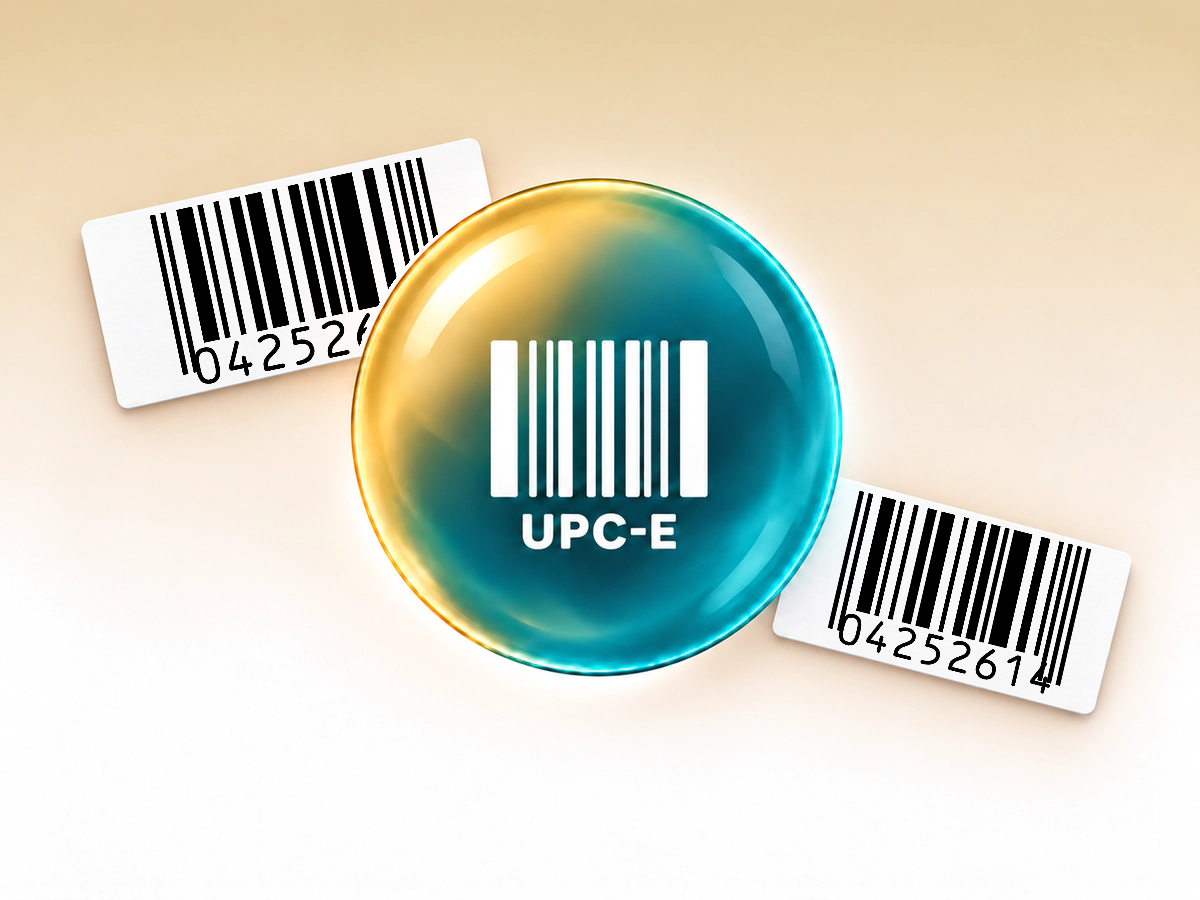 UPC-E orb and printed barcode labels Champagne and turquoise UPC-E glass orb centered in front of two white paper labels printed with native UPC-E symbols.