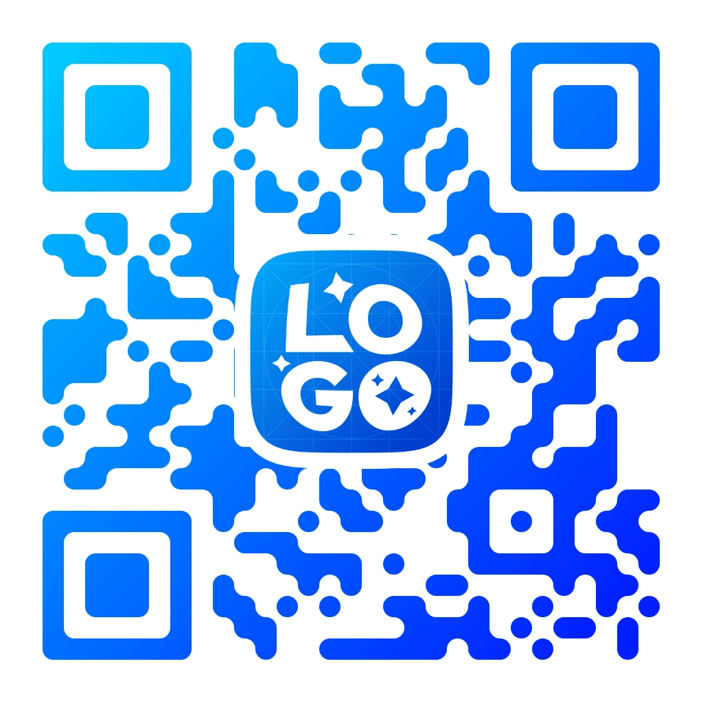 Blue-themed QR code with a blue gradient organic pixel pattern on a white background, with LOGO text and sparkle icons in a centred blue rounded square, plus square corner markers.