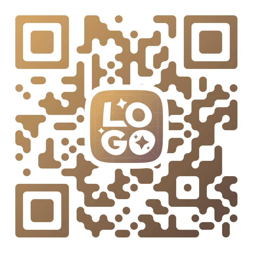 Brown-themed QR code with a gold gradient organic pixel pattern on a white background, centred rounded-square LOGO text with sparkle icons, and square corner markers.