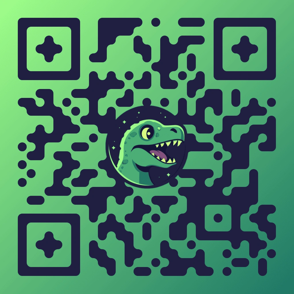 Dinosaur QR code with dark navy organic pixel pattern on a green gradient background, featuring a cartoon T-Rex head in a dark circle centred, with rounded square corner markers and cross-shaped inner dots.