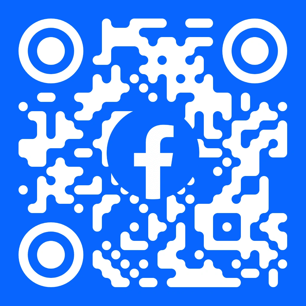 Facebook QR code with a white organic pixel pattern on a solid blue background, featuring the white Facebook f logo centred with white circular concentric corner markers.