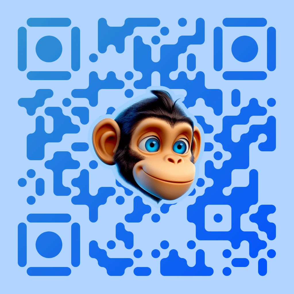 Monkey QR code with a blue organic pixel pattern on a light blue background, featuring a centred 3D cartoon monkey face with blue eyes, rounded square corner markers, and circular inner dots.