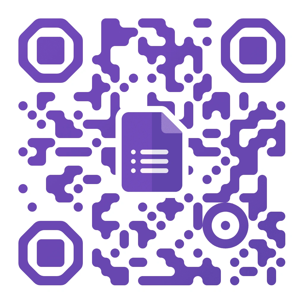 Google Forms QR code with a purple organic pixel pattern on a white background, with the Google Forms document icon centred, octagonal corner markers, and rounded square inner dots.