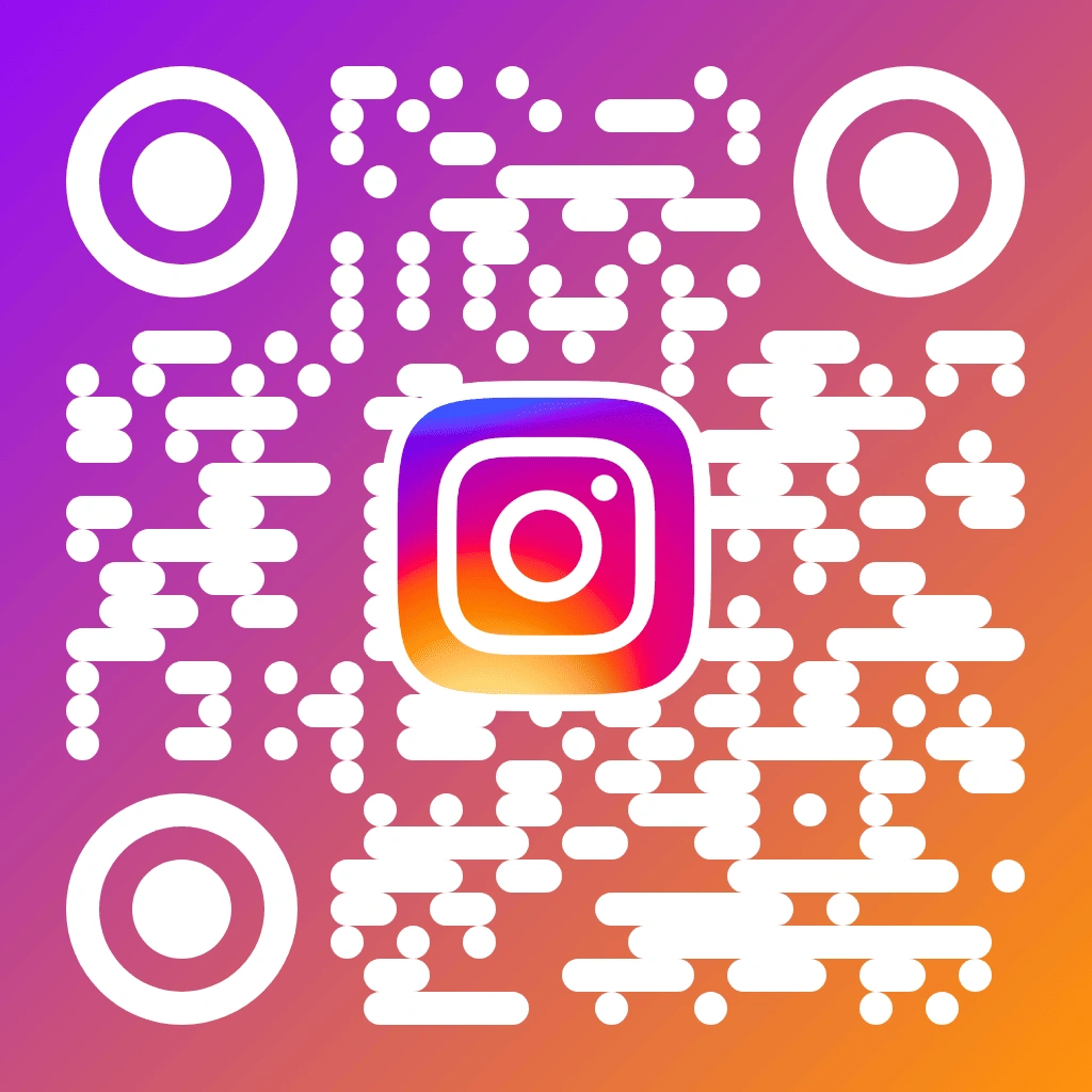 Instagram QR code with a white rounded bar pattern on a purple-to-orange Instagram gradient background, with the white Instagram camera logo centred and circular concentric corner markers.