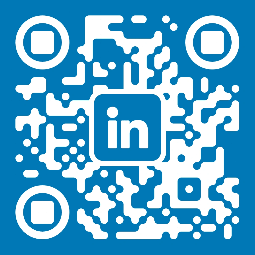 LinkedIn QR code with white organic pixel pattern on a solid blue background, featuring the white LinkedIn in logo in a rounded square centred with white rounded square corner markers.