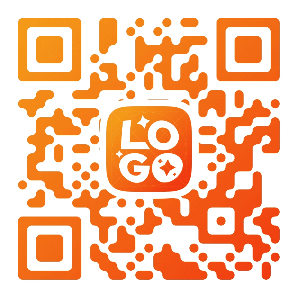 Orange-themed QR code with an orange gradient organic pixel pattern on a white background, featuring LOGO text with sparkle icons in a centred orange rounded square, with square corner markers.