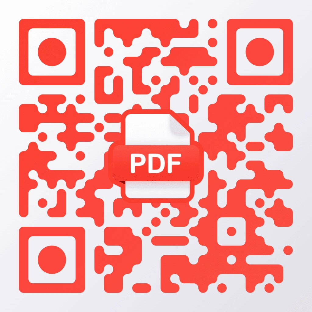 PDF QR code with red organic pixel pattern on a light background, featuring a 3D red PDF file icon with a white page centred, with rounded square corner markers and circular inner dots.