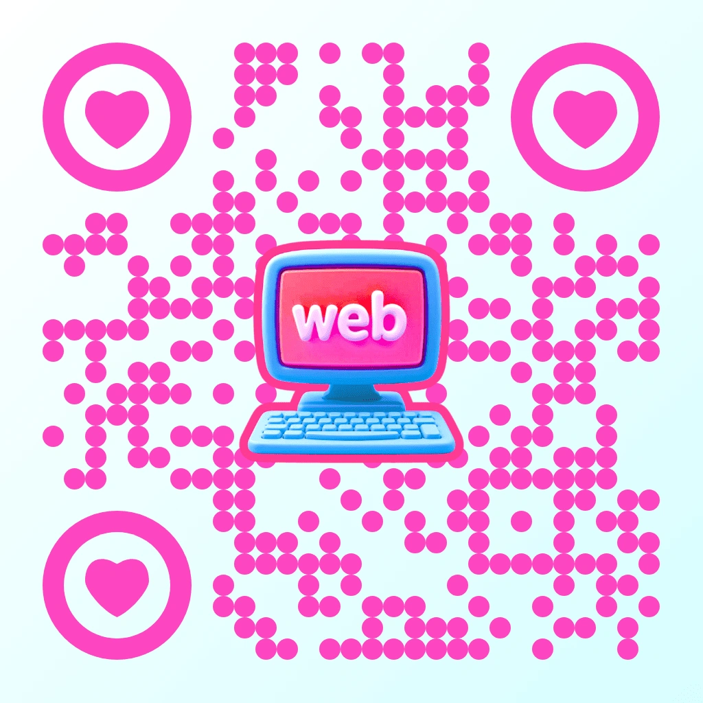 Website QR code with a pink dot pattern on a light pink background, featuring a 3D retro cartoon computer with web text on the centred screen, plus circular corner markers with heart shapes.