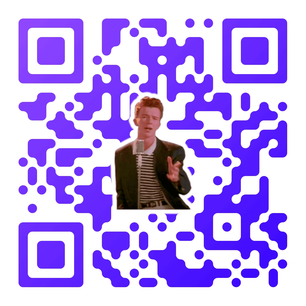 Rickroll QR code with a purple organic pixel pattern on a white background, with a centred Rick Astley singing photo and glow effect, plus rounded-square corner markers.