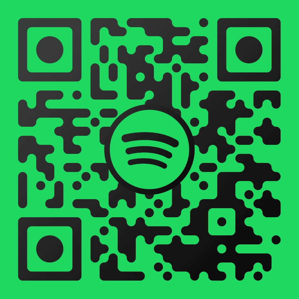 Spotify QR code with dark organic pixel pattern on a bright green background, featuring the Spotify three-line sound wave logo in a dark circle centred with square corner markers.