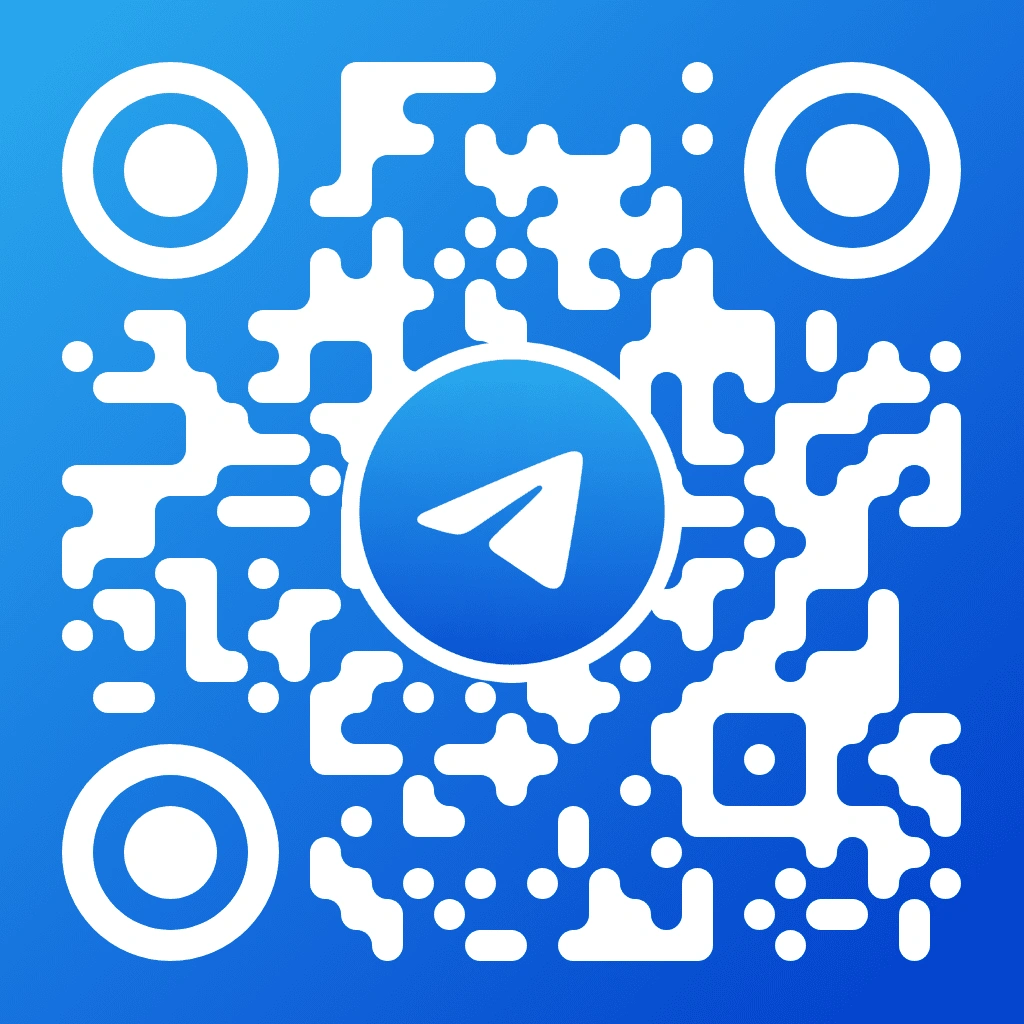 Telegram QR code with a light blue pixel pattern on a blue gradient background, with the Telegram paper plane logo centred in a circle and circular corner markers.