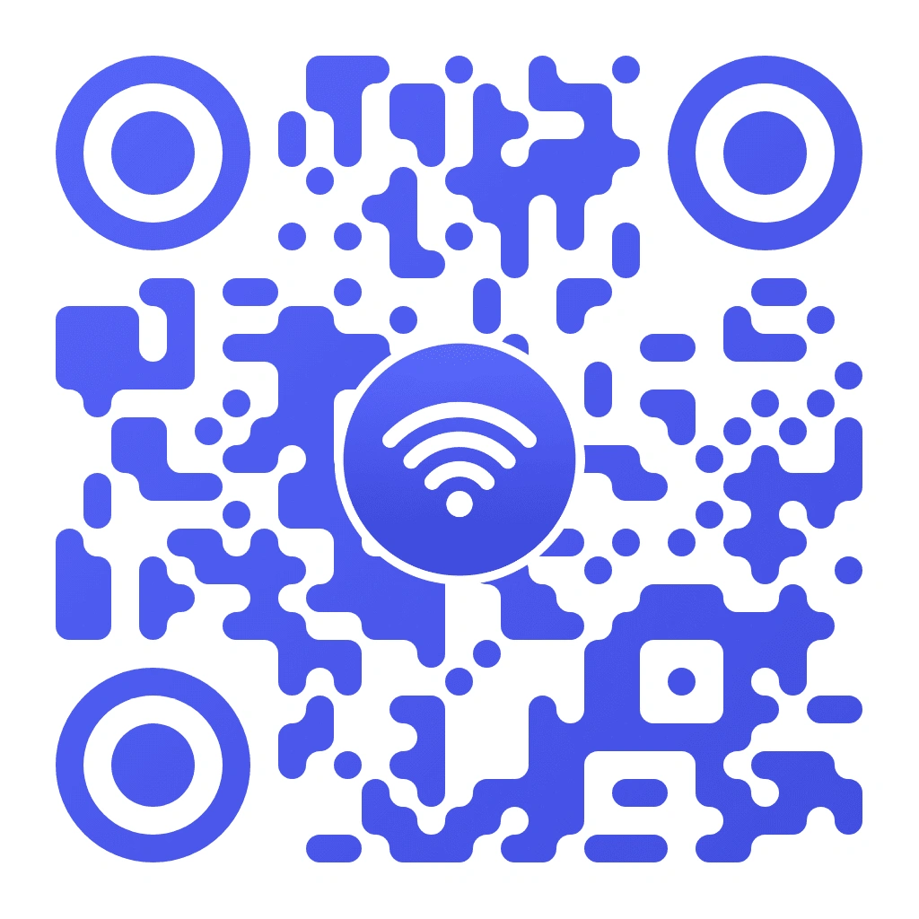 WiFi QR code with purple-blue organic pixel pattern on white background, featuring the WiFi signal icon in a purple-blue circle centred with circular concentric corner markers.