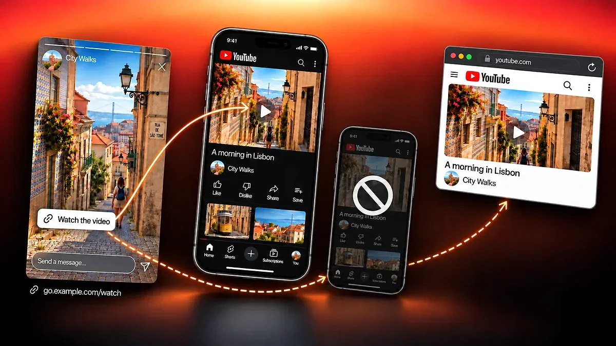 Une story City Walks mène à sa vidéo de Lisbonne sur YouTube, avec la vidéo dans un navigateur comme solution de repli.