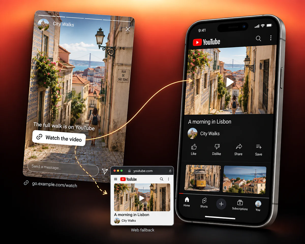 Une story City Walks pointe vers la même vidéo de Lisbonne dans l’application YouTube, avec un plus petit aperçu du repli web en dessous.