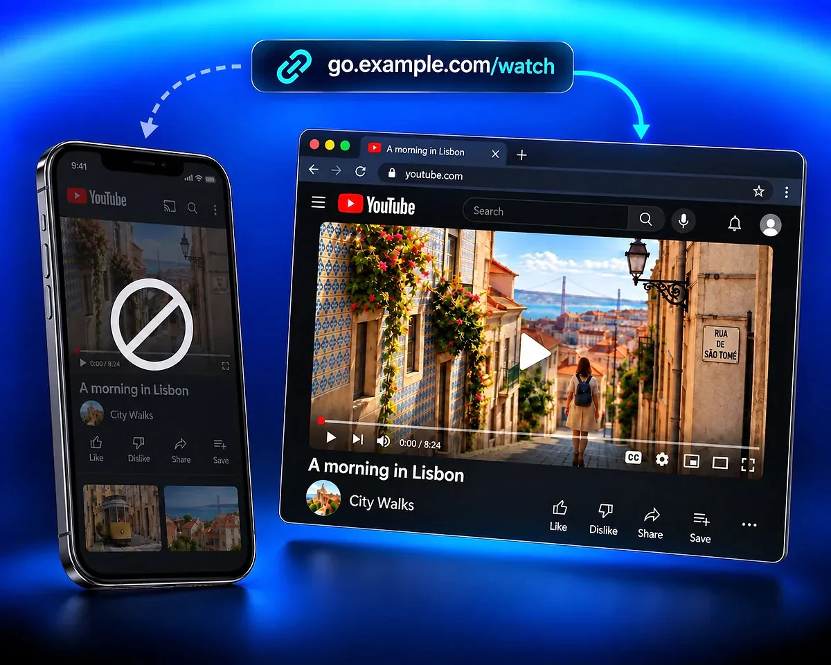 go.example.com/watch mène à la vidéo de Lisbonne dans une fenêtre YouTube du navigateur, à côté d’un téléphone estompé.