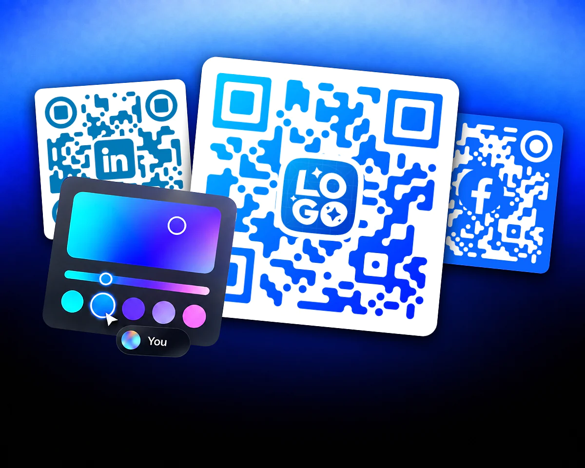 Кастомные QR-коды с выбором цвета Три синих QR-кода с логотипами LinkedIn, LO-GO и Facebook над панелью выбора цвета.