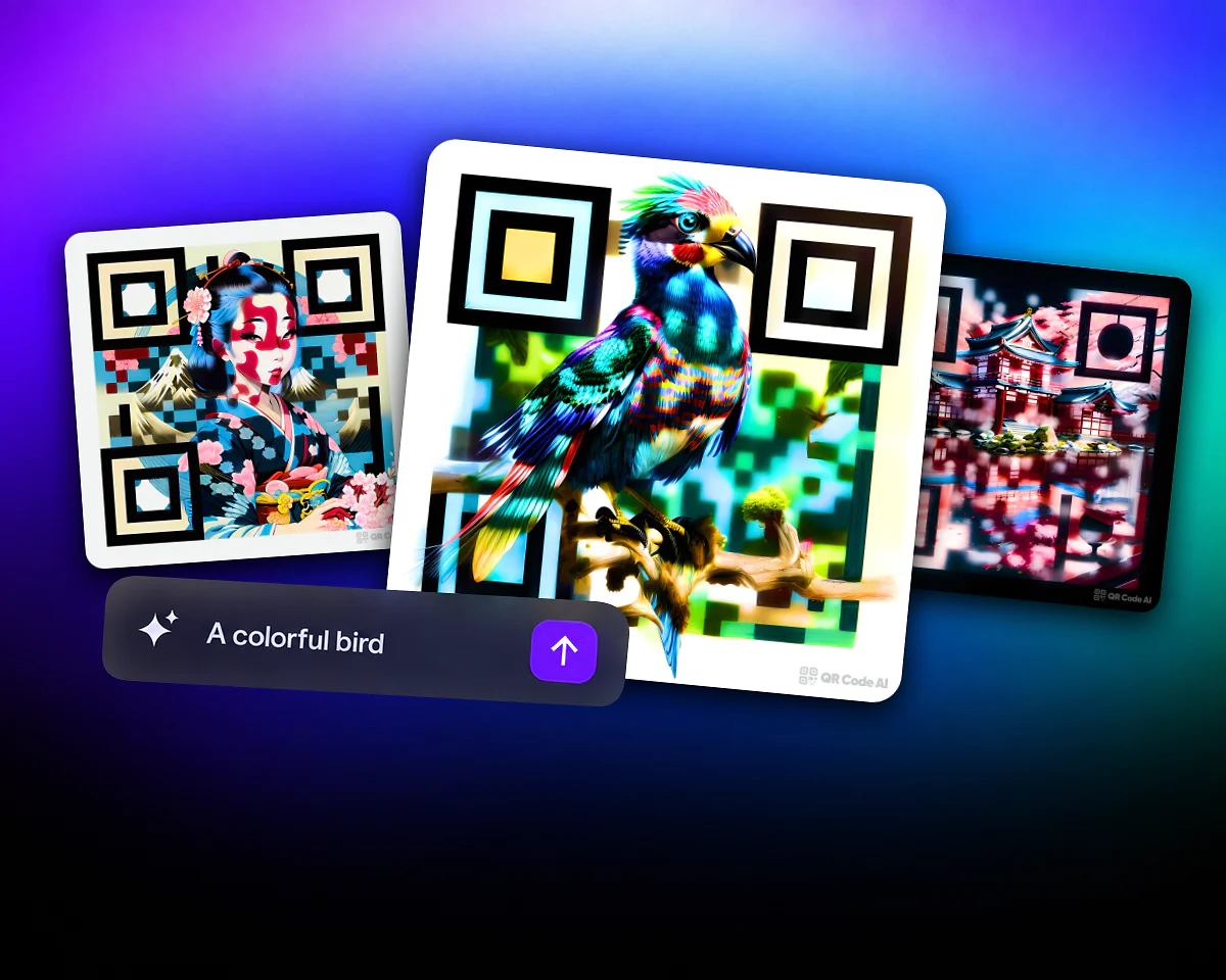 Галерея арт QR-кодов Арт QR-коды с гейшей, яркой птицей и красным храмом над полем текстового запроса.
