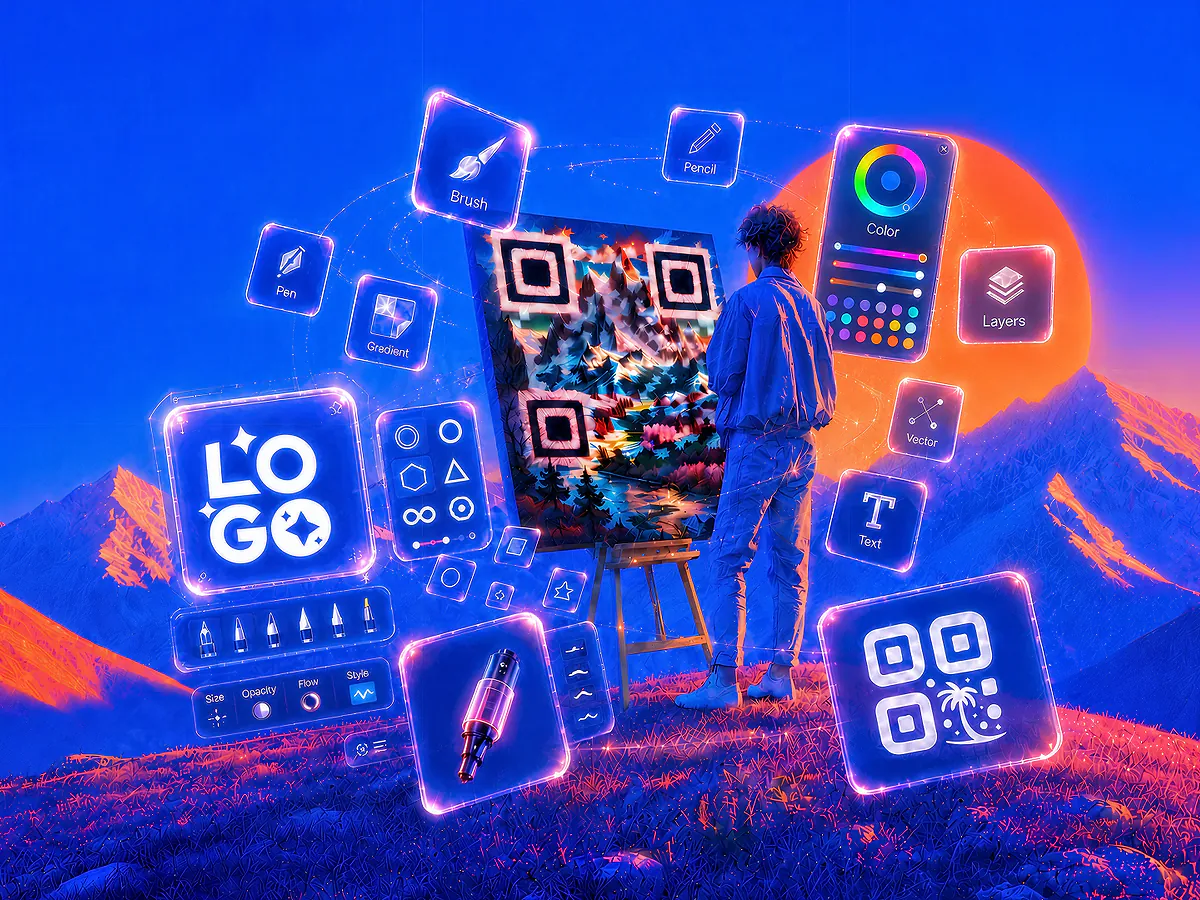 Artist Customizing a QR Code Design with Creative Tools Artist painting a custom landscape QR code on an easel, surrounded by glowing neon design tools for brush, pen, color, layers, vector and logo, illustrating QR code design customization.