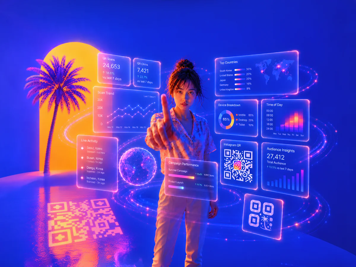 QR Code Scan Analytics Dashboard with Real-Time Tracking Person surrounded by glowing neon analytics dashboards showing QR code scans, clicks, top countries, device breakdown and campaign performance, illustrating real-time QR code scan tracking.